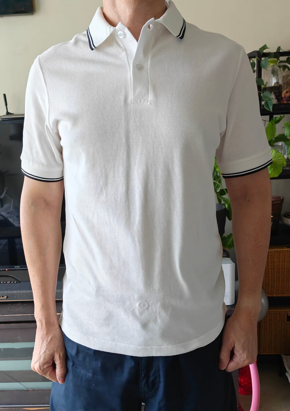 Customer photo review of HFA Men’s Striped Collar Piqué Polo – Slim Fit