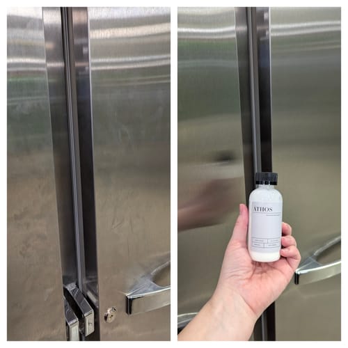 Customer's split image comparing a dull stainless steel door to a shiny one after using the Stainless Steel Polish.