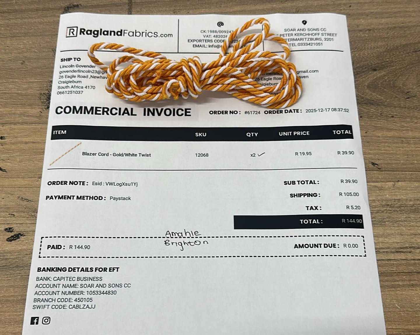 Customer photo review of Blazer Cord - Gold/White Twist