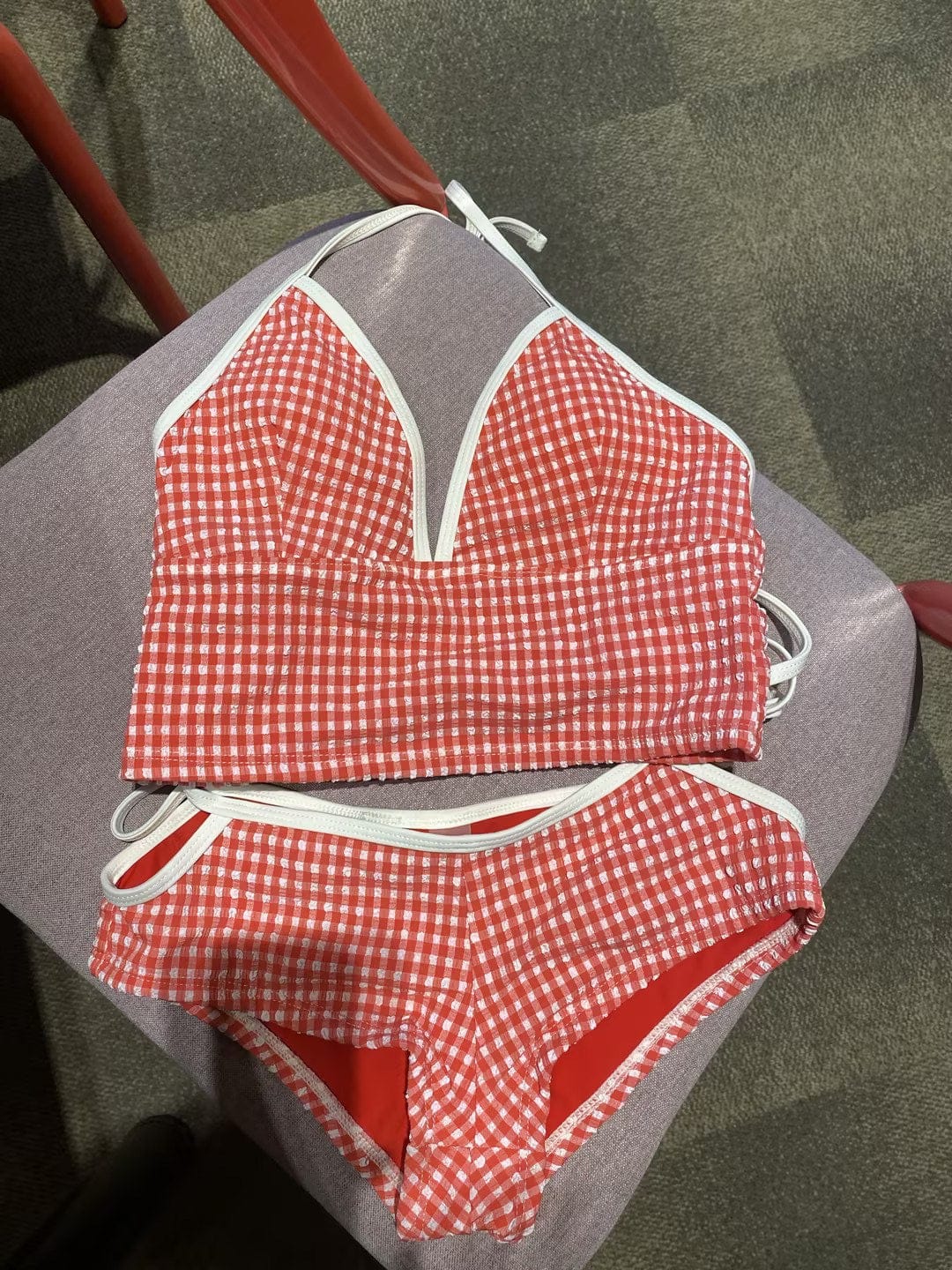 Customer photo review of Seamolly 1950s Pin-Up Retro Vintage Gingham Textured Halter Tank Top & Tie Side Boyshort Bottom Tankini Set