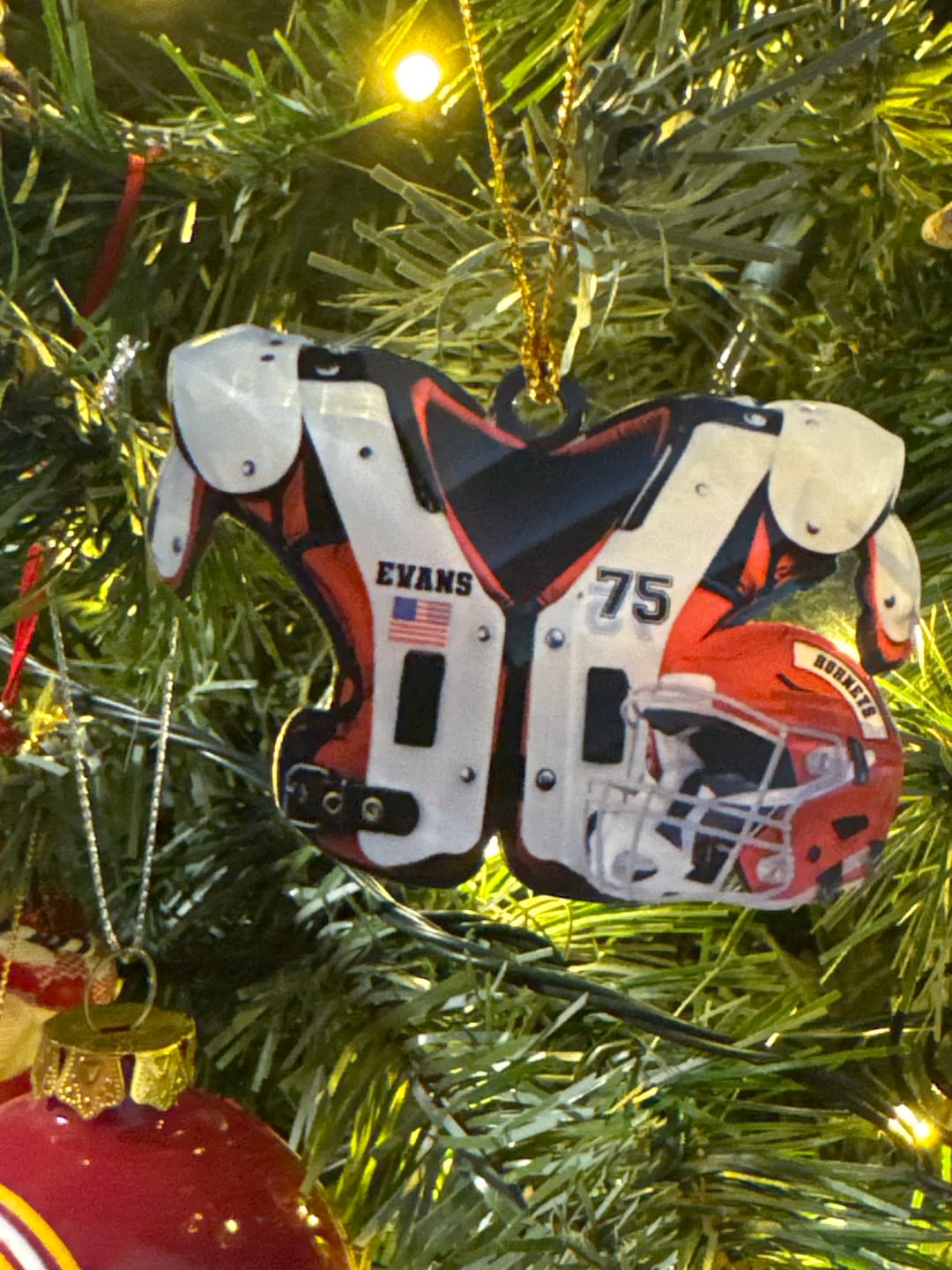 Customer photo review of American Football Shoulder Pads and Helmet Personalized Ornament