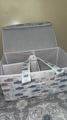 Customer photo review of Diaper Caddy with Lid- Dreamy Clouds Warm Neutral tones (Available in 2 colors)