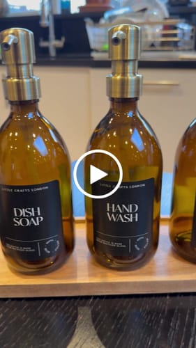 Customer video review of Set of 3 Reusable Amber Glass Bottles 500 ML with Metal Pump and Acacia Wood Tray (Black Label)