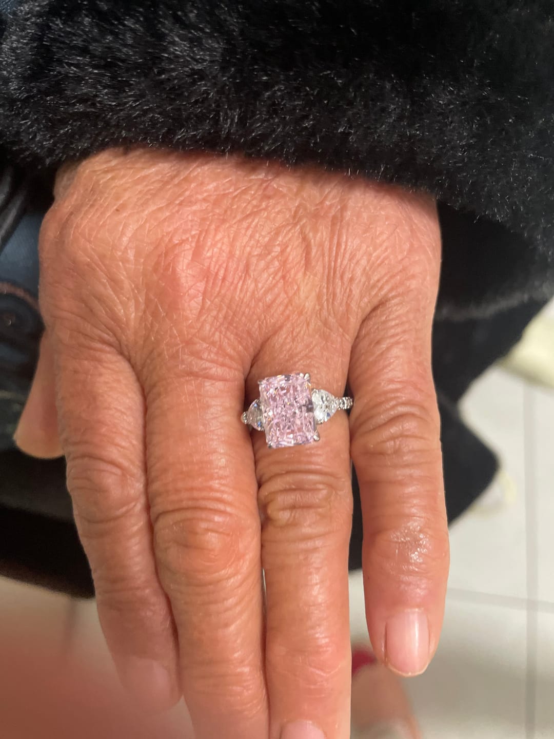Customer photo review of S925 5.0Ct Pink/White Stone Radiant Cut Three Stone Engagement Ring Anniversary Ring For Women