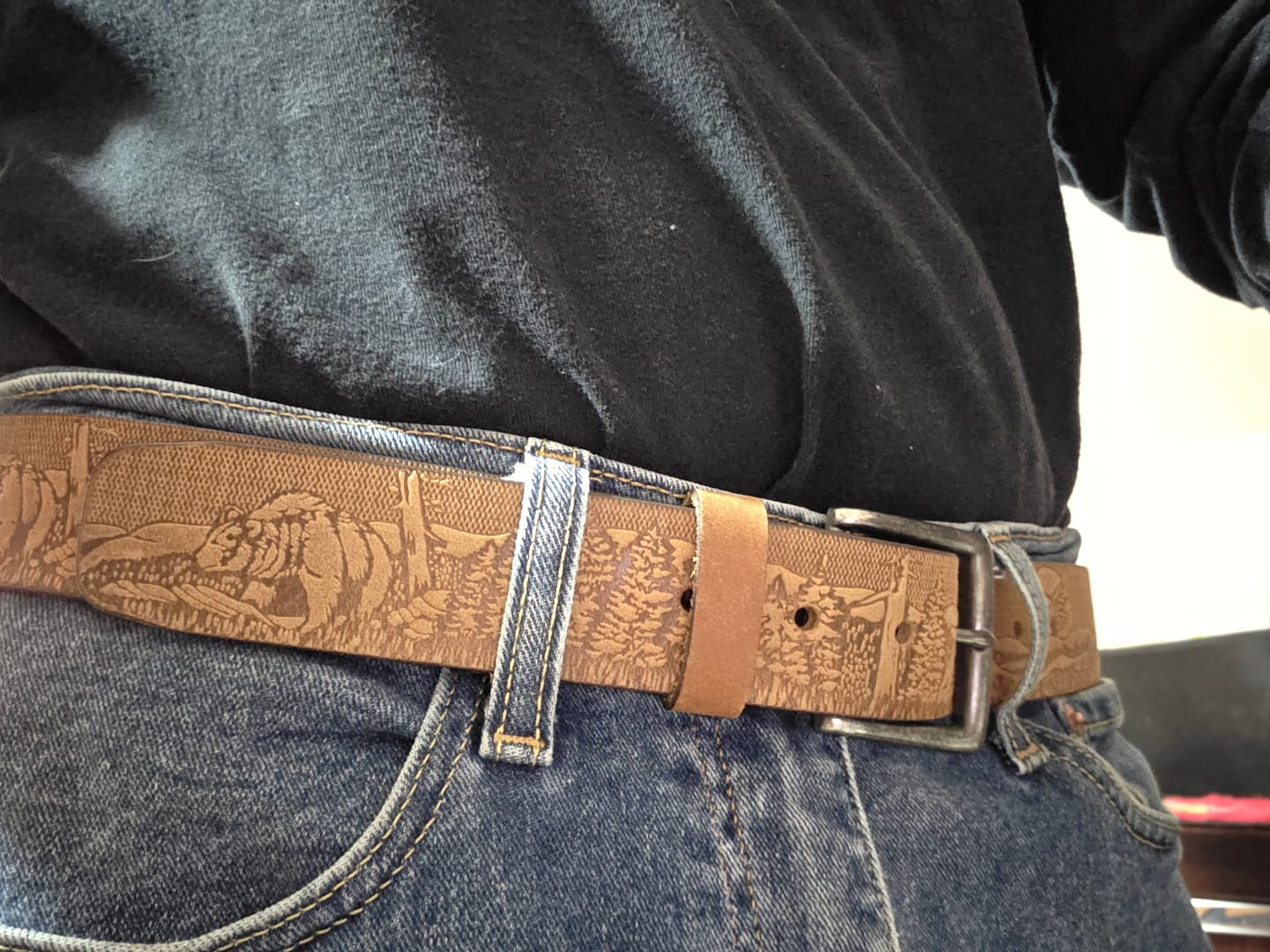 Customer photo review of The Wildlife Belt - Cognac Embossed Full Grain Leather Belt Made in Canada