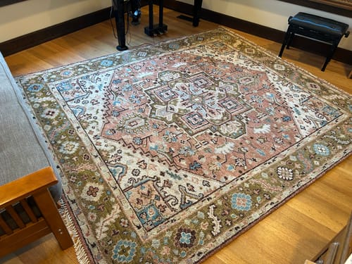 Customer photo review of Custom Made Vintage Style Olive, Rust and Ivory Hand knotted Traditional wool Area Rug