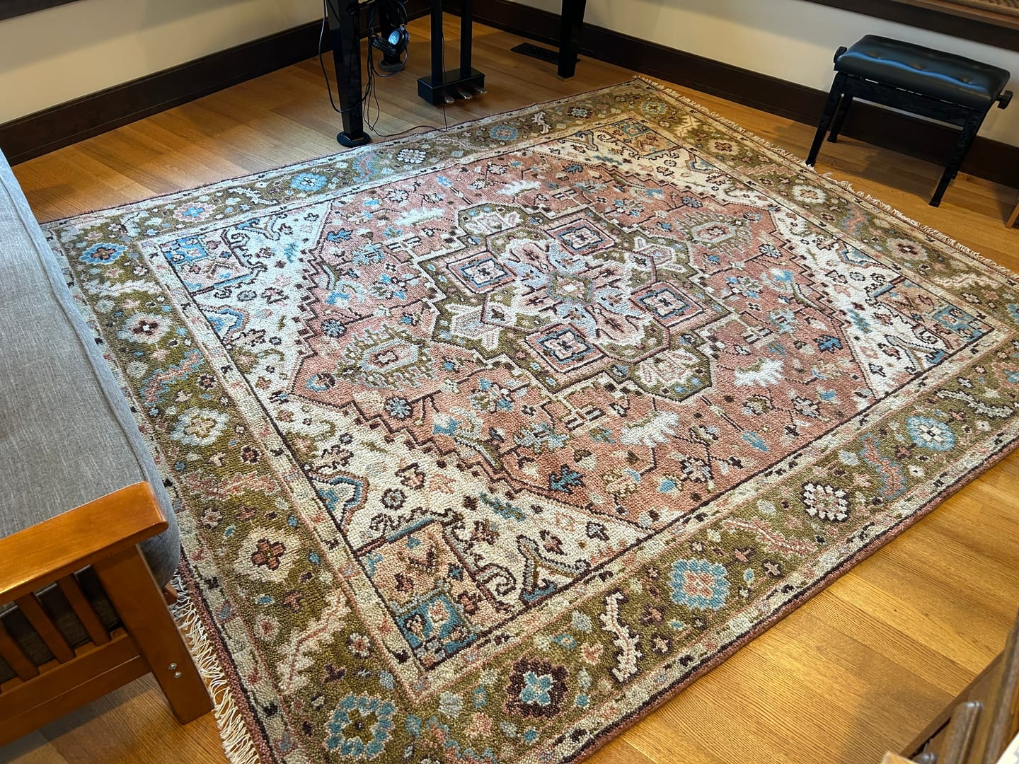 Customer photo review of Custom Made Vintage Style Olive, Rust and Ivory Hand knotted Traditional wool Area Rug