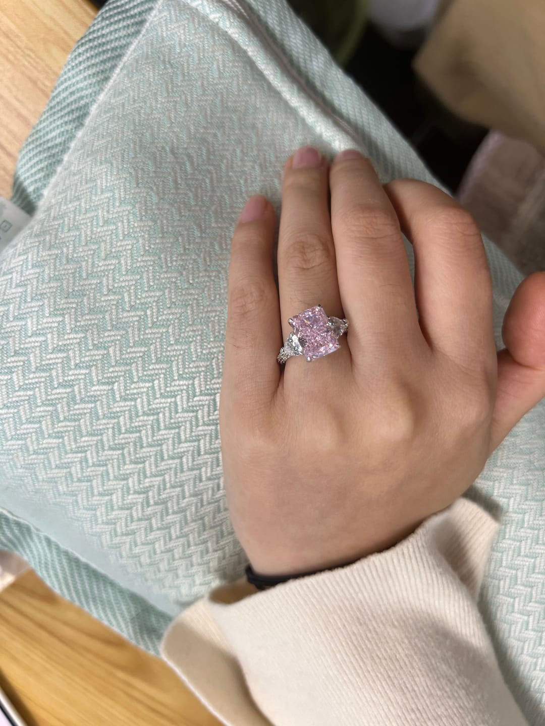 Customer photo review of S925 5.0Ct Pink/White Stone Radiant Cut Three Stone Engagement Ring Anniversary Ring For Women