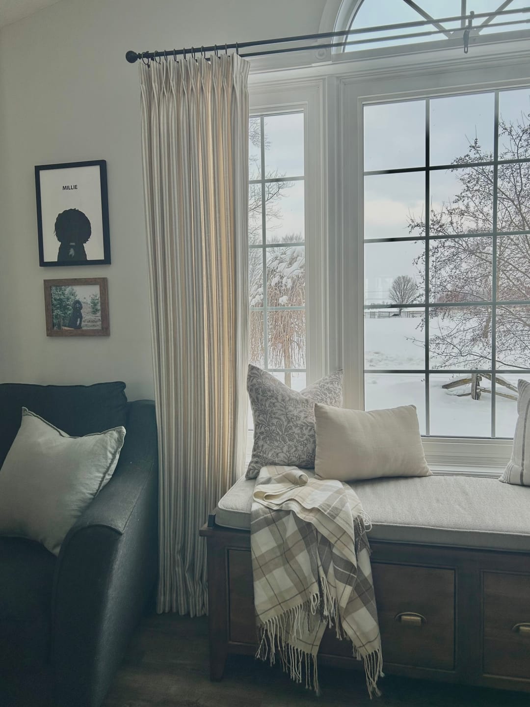 Customer photo review of Linen Stripe Curtains – Pinch Pleat Light Filtering with Optional Blackout (Zaria)