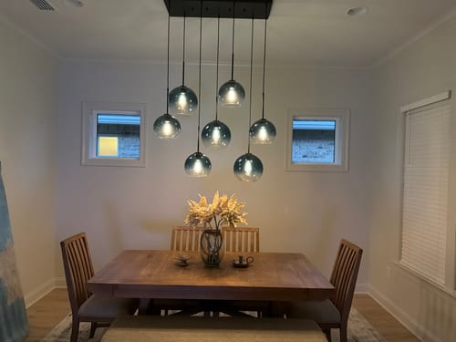 Customer photo review of 7-Light Cluster Blue Glass Globe Bubble Island Pendant
