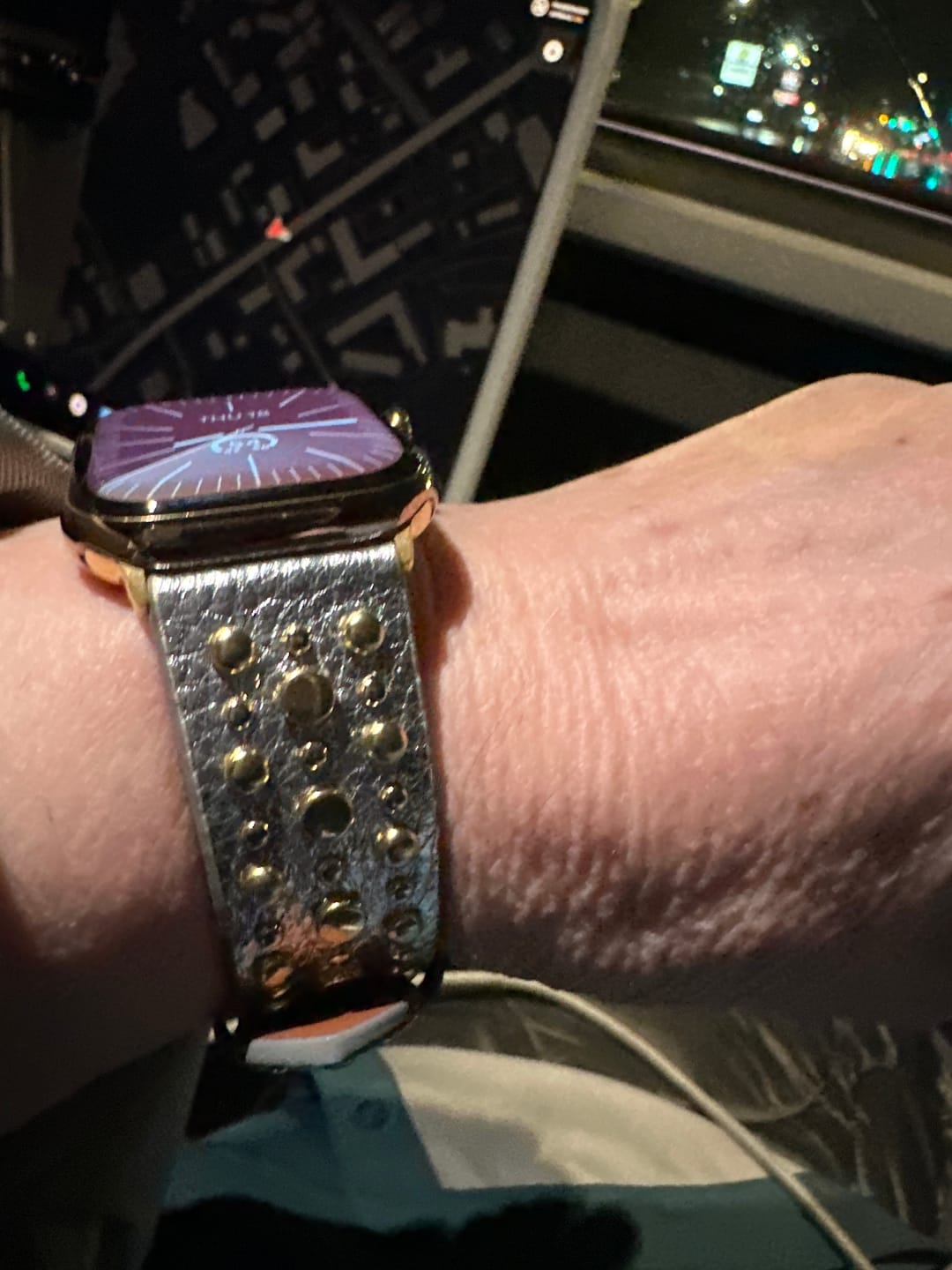 Customer photo review of The Sundance,  Metallic Silver Coated Leather Watch Band with Metal Studs, Watch Band for Apple Watch