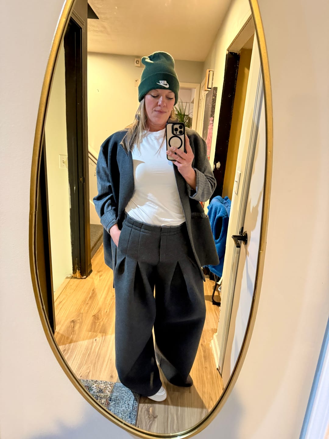 Customer photo review of Gray Wide-Leg Structured Pants