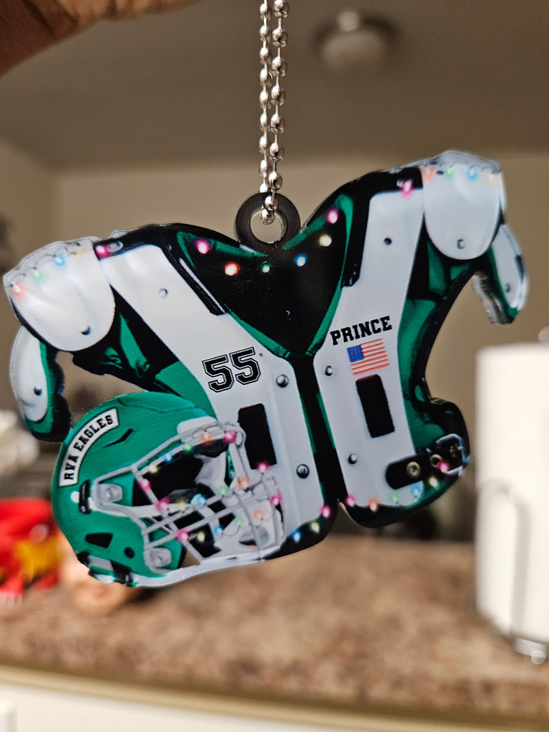 Customer photo review of American Football Shoulder Pads and Helmet Personalized Ornament