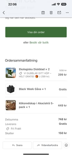 Recensentens skärmdump av en orderbekräftelse.