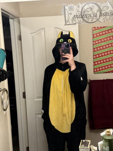 Customer photo review of OLAOLA Star Black Cat Costume Unisex Adult Plush Animals Onesie Pajamas Warm Home Pet One-Piece Sleepwear