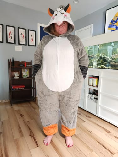 Customer photo review of OLAOLA Opossum Pajamas Animals Onesie Plush Warm Home One Piece For Adult Unisex Halloween Costume