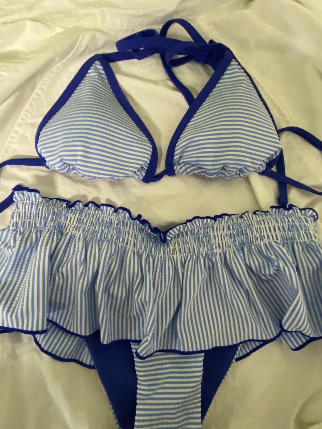 Customer photo review of Seamolly Striped Smocked Ruffles Contrast Binding Skirtini Bikini Set