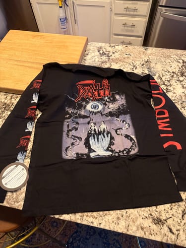 Customer's black Death - Symbolic - Longsleeve Shirt laid out flat, showing the front graphic and printed sleeves.