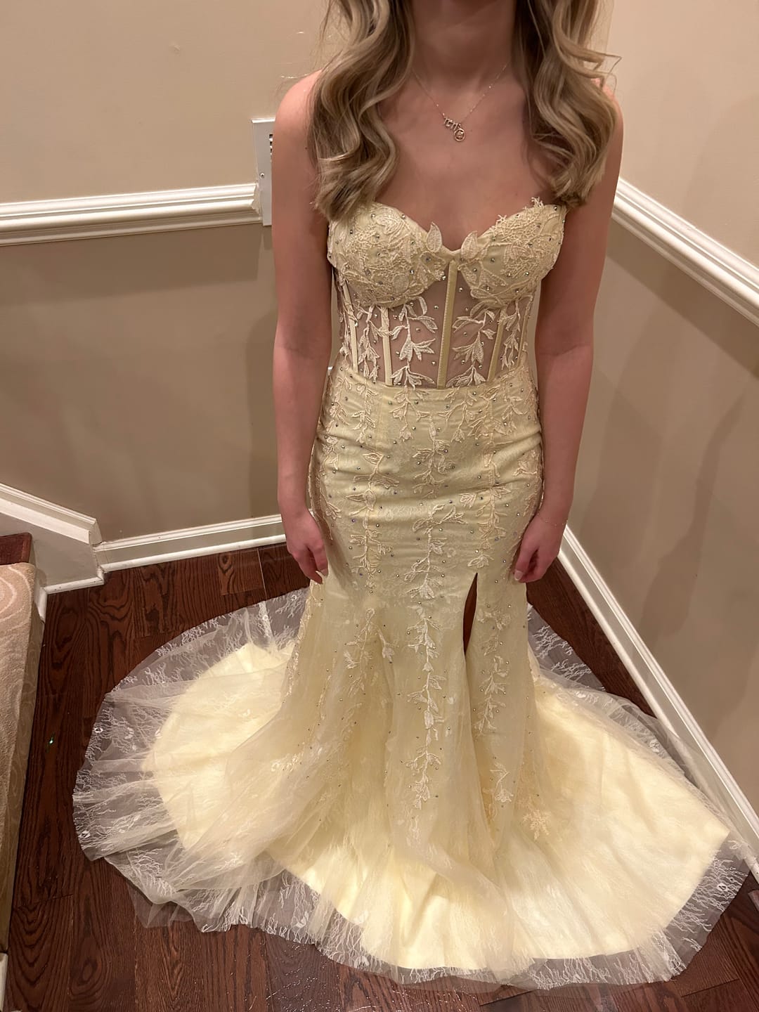 Customer photo review of Strapless Yellow Lace Appliques Long Prom Dress