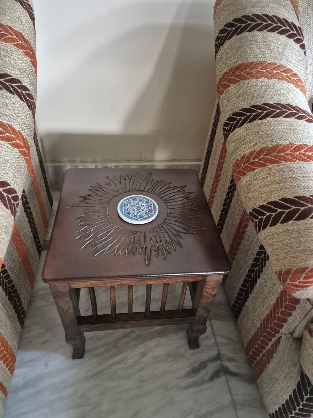 Customer photo review of Mango Wood Walnut Finish Handmade Carving Classic Side Table for Living Room