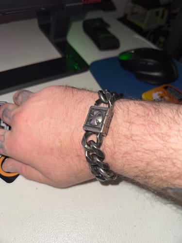 Customer wearing the heavy Knights Templar Cuban link bracelet on their wrist.