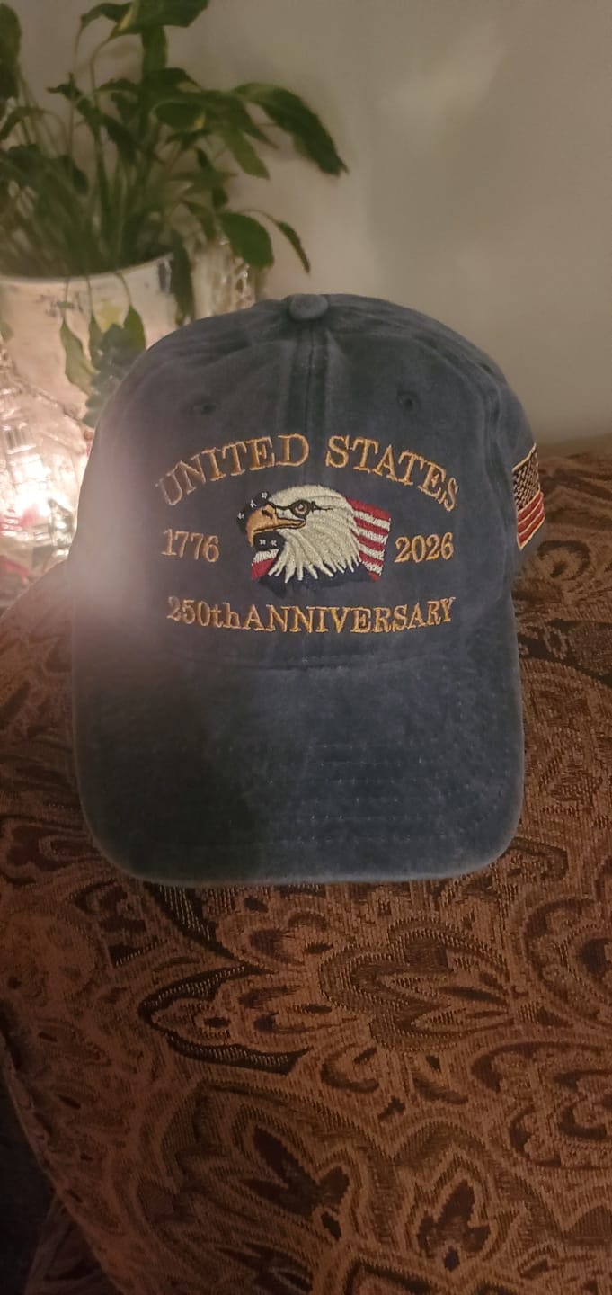 Customer photo review of USA 250th Anniversary Eagle Embroidered Cap 1776 – 2026 – Washed Navy
