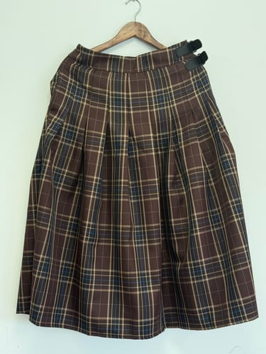 Customer photo review of Yehudit Plaid Belt Buckle Design High Rise Pocket Midi Umbrella Skirt