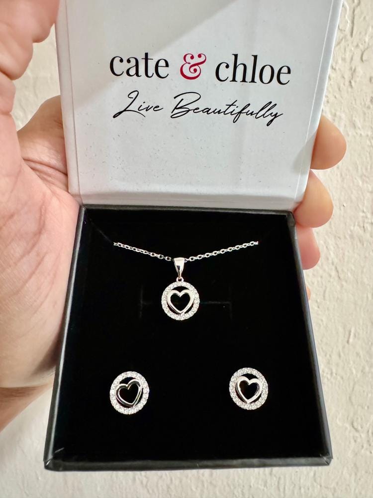 Customer photo review of Khaleesi 18k White Gold Plated Silver Heart Necklace and Earring Set with Swarovski Crystals