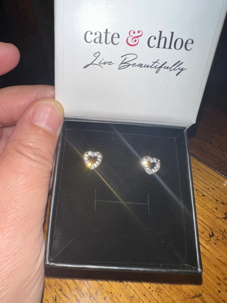 Customer photo review of Coraline 18k White Gold Plated Silver Heart Stud Earrings with Simulated Diamond Crystals