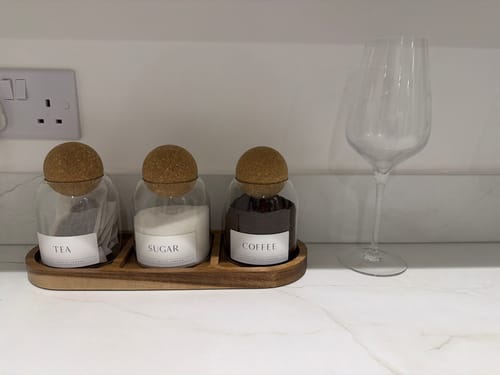 Customer photo review of Set of 3 Cork Ball Glass Jars - Tea, Coffee and Sugar 500ml with Long Tray