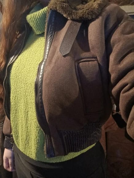 Customer photo review of Esme Suede Short Bomber Jacket