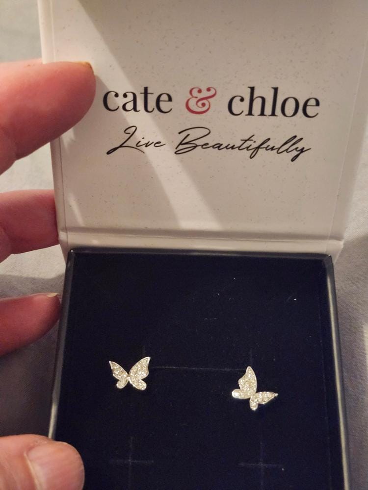 Customer photo review of Yuenen 18k White Gold Plated Silver Butterfly Stud Earrings with Swarovski Crystals
