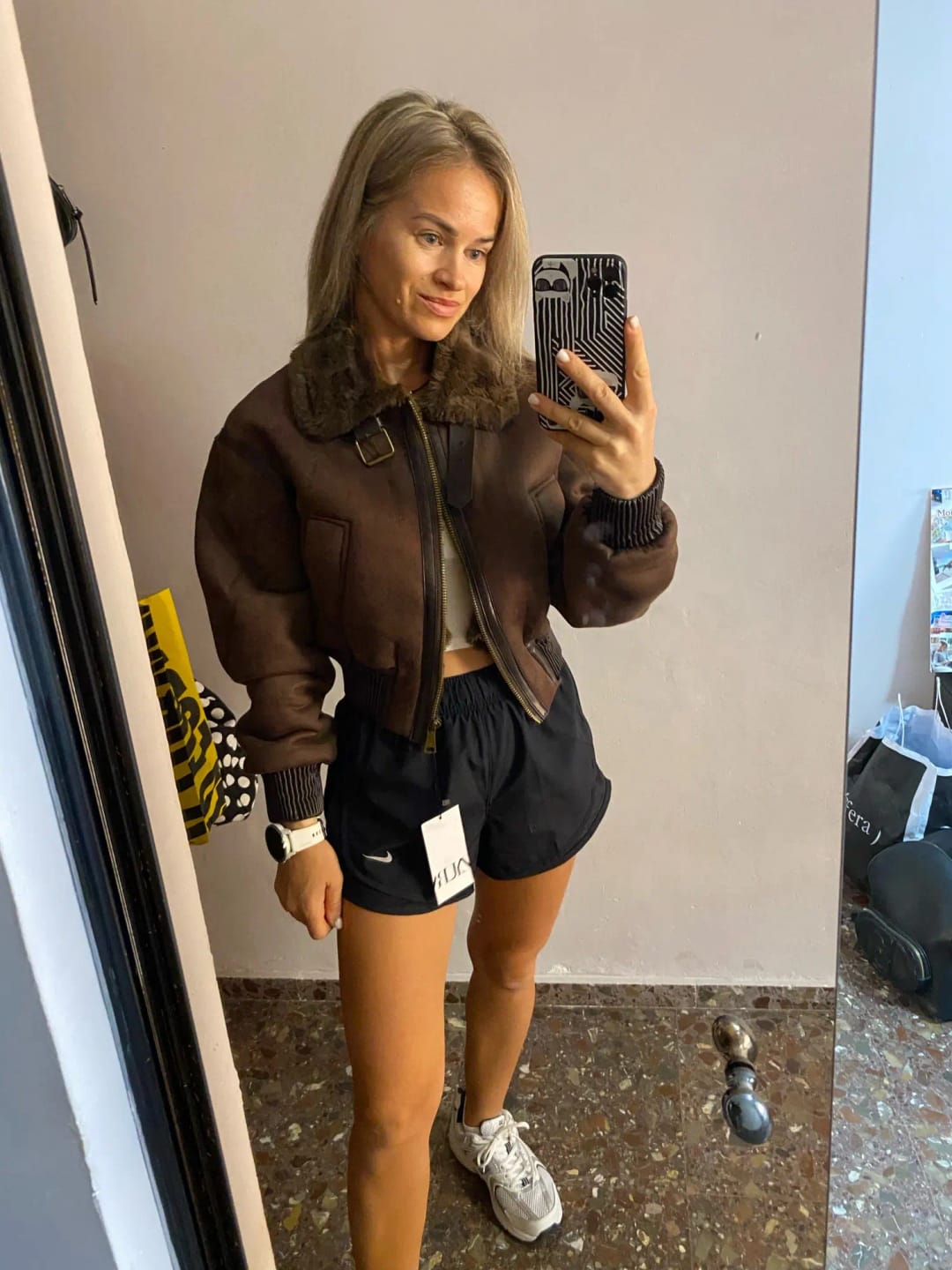 Customer photo review of Esme Suede Short Bomber Jacket