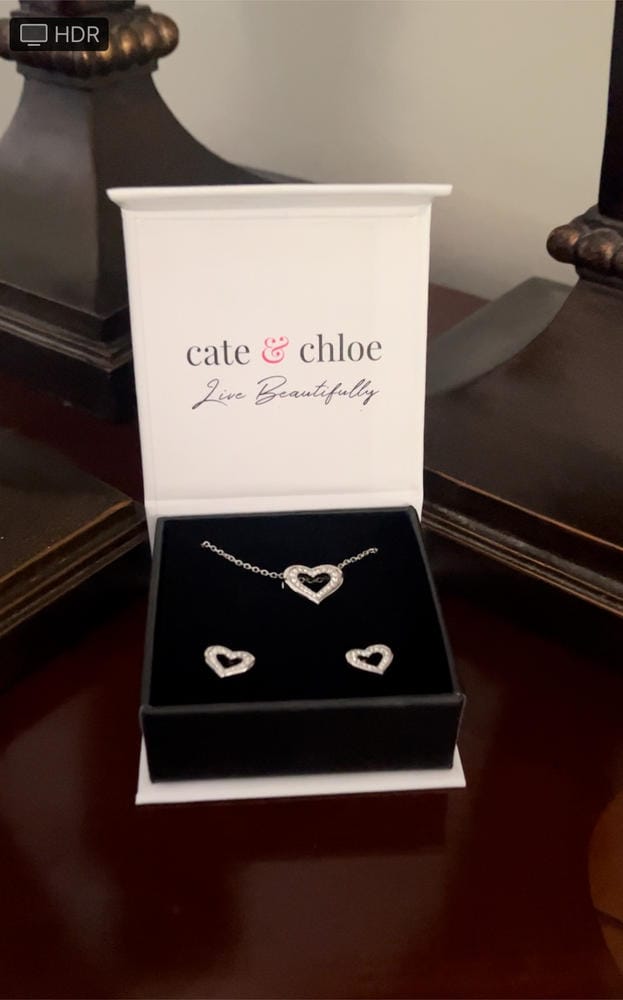 Customer photo review of Dominique 18k White Gold Plated Silver Heart Necklace and Earring Set with Swarovski Crystals