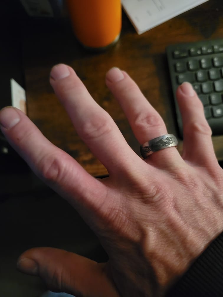 Customer photo review of Mountain Range Ring - Laser Carved with Wood Sleeve