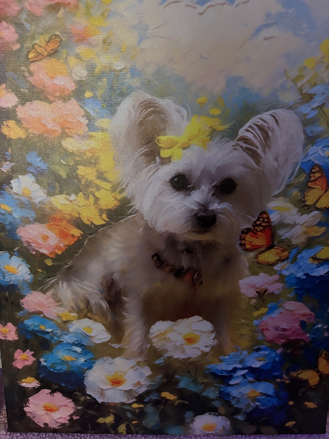 Customer photo review of Monet-style garden oil painting pet portrait