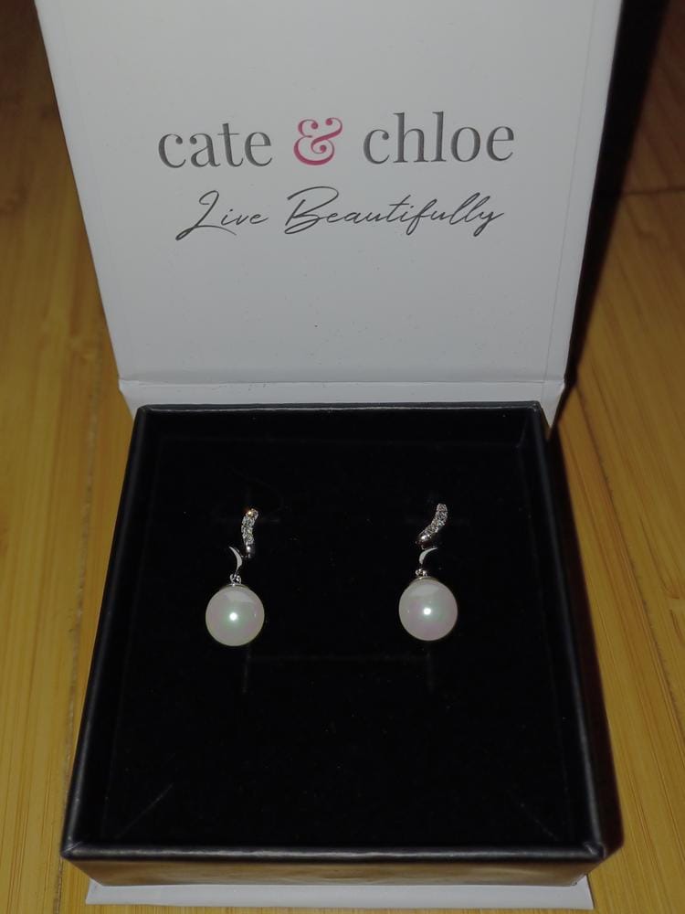 Customer photo review of Ophelia 18k White Gold Plated Dangle Pearl Earrings with Swarovski Crystals