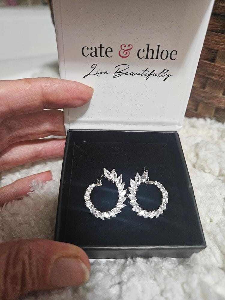 Customer photo review of Adelyn 18k Gold Plated Sideways Hoop Earrings with Simulated Diamond Crystals — Final Sale
