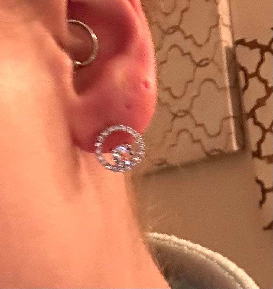 Customer photo review of Reign 18k White Gold Plated Halo Drop Stud Earrings with Swarovski Crystals