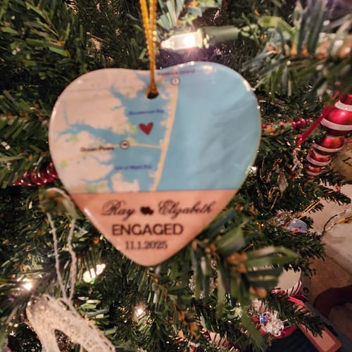 Customer photo review of Engagement Ornament - Custom Map & Photo Gift Heart-shaped Ceramic Ornament