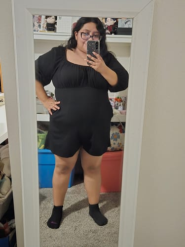 Customer photo review of Vacation Playsuit in Black Ponte - Vixen by Micheline Pitt