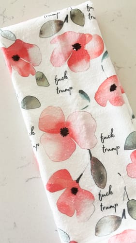 Customer photo review of Watercolor Poppy F*ck Trump Hand Towel