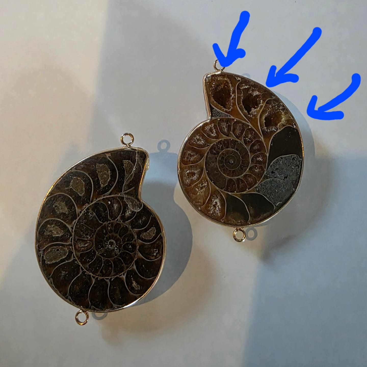 Customer photo review of 2pcs Ammonite Fossil, 40*50mm Genuine Gemstone Pendant, Gold Plated Edge with Double Ring Pendant