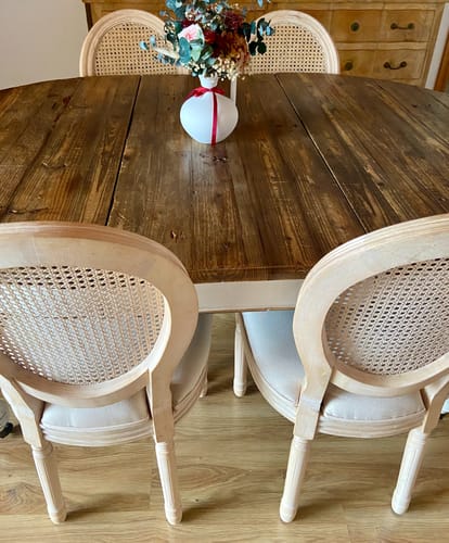 Customer photo review of RICHELIEU - Lot de 2 chaises en bois et cannage avec assise en tissu beige