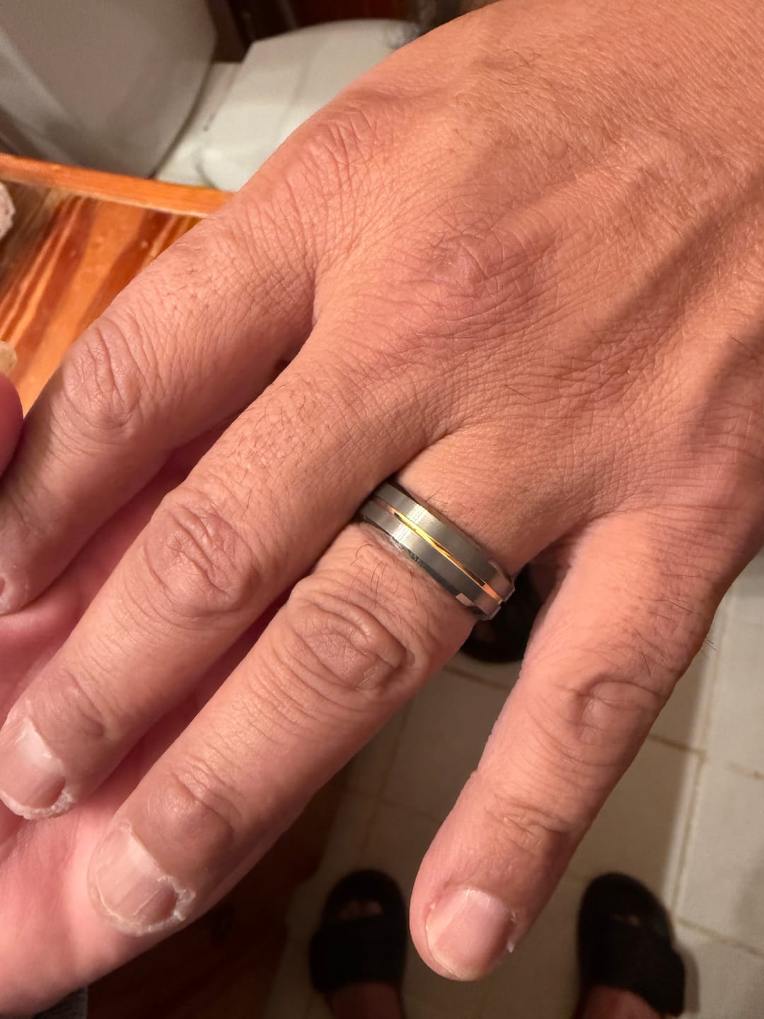 Customer photo review of MAESTRO | Silver Tungsten Ring, Gold Groove, Beveled