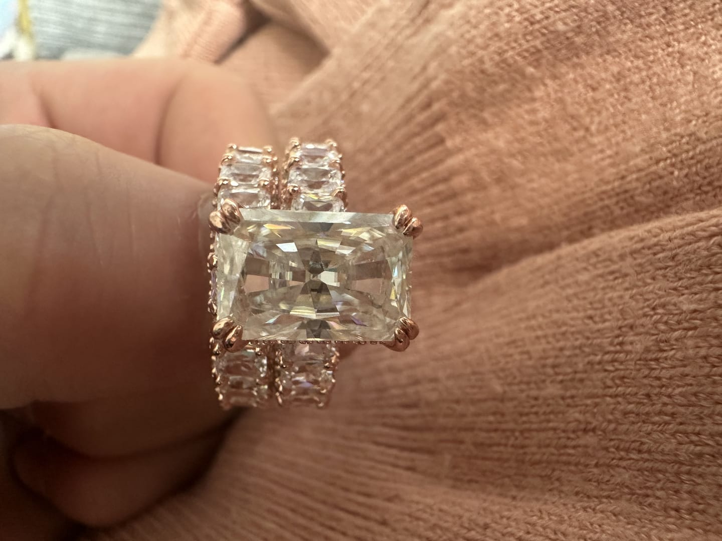 Customer photo review of Glistening-hued Radiant Cut 5.0ct Pave 925 Sterling Silver Wedding Ring Set