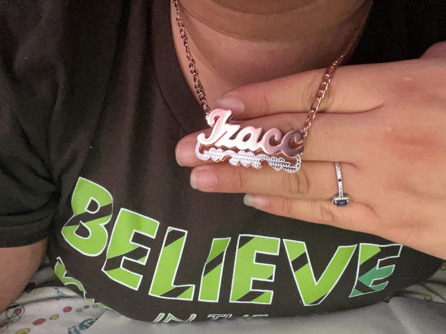 Customer photo review of Double Plated Triple Heart Name Necklace w/ Cuban Chain