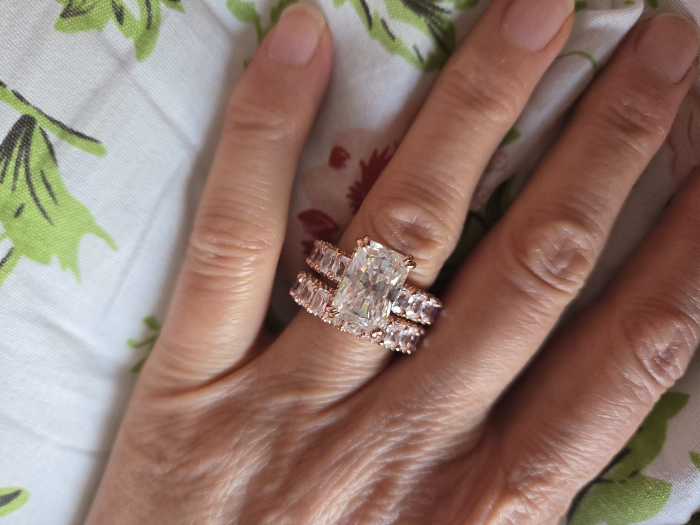 Customer photo review of Glistening-hued Radiant Cut 5.0ct Pave 925 Sterling Silver Wedding Ring Set