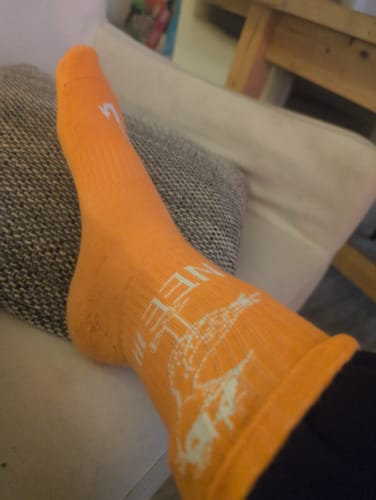 Rezensent trägt eine orangefarbene „Möwe Nee“ Socke mit dem weißen Möwenmotiv an der Seite.