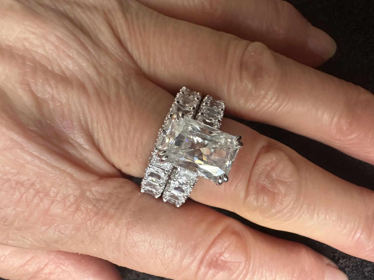 Customer photo review of Glistening-hued Radiant Cut 5.0ct Pave 925 Sterling Silver Wedding Ring Set